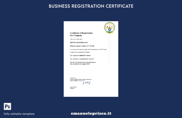 stile verificato Certificato di registrazione aziendale in Ruanda Modello Word e